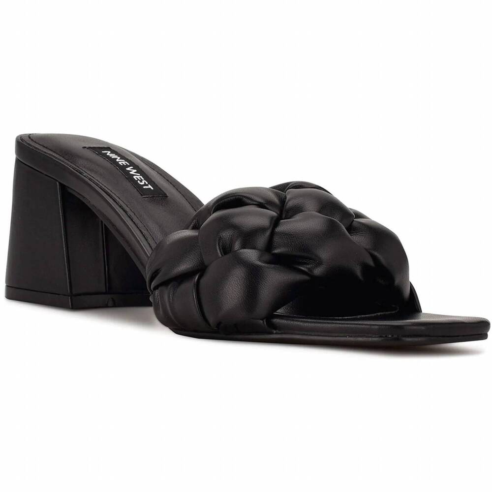 NEW NINE WEST women's gotti3 braided square toe block heel slide sandals in blac